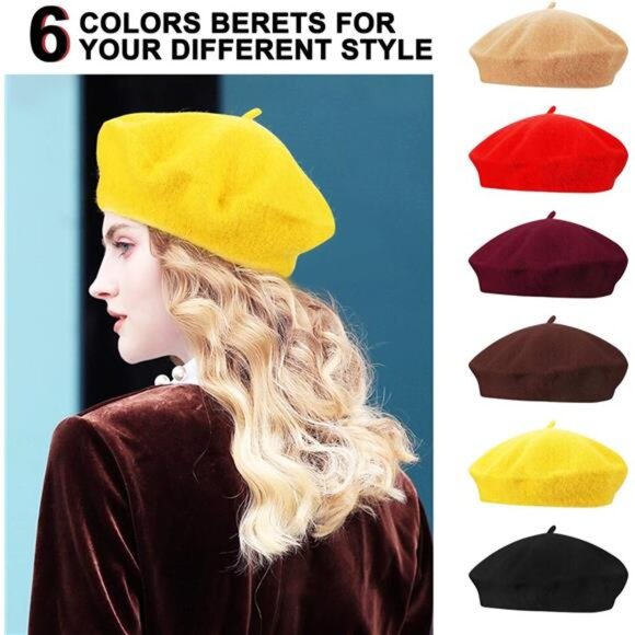 6 Pieces Wool Beret Hat French Style Beanie Hats Fashion Ladies Beret Caps - Picture 2 of 8